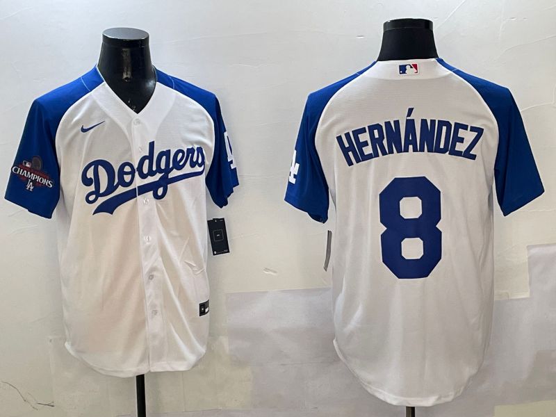 Men Los Angeles Dodgers #8 Hernandez White Blue Fashion Game 2025 Nike MLB Jersey style 2